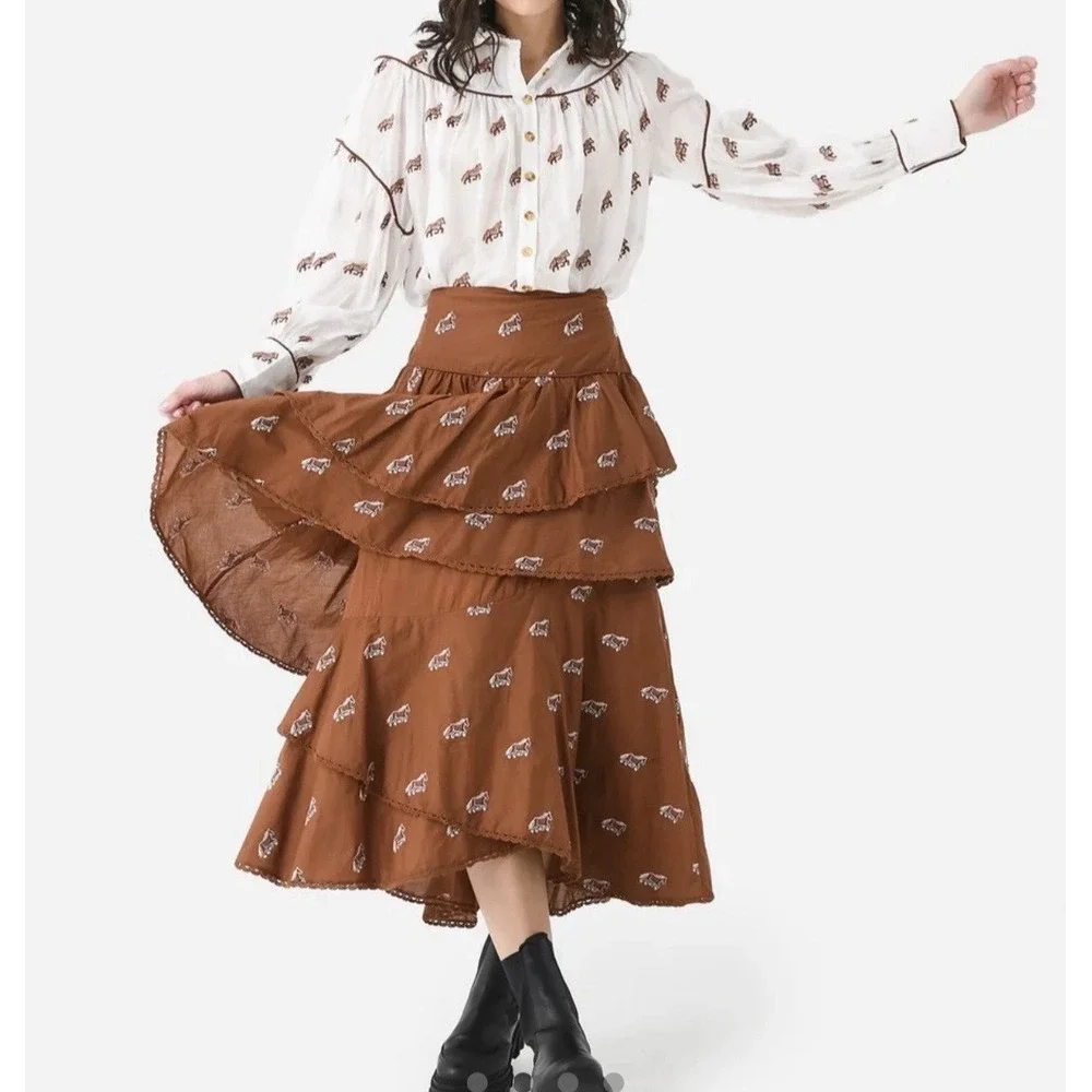FARM Rio for Anthropologie Maxi skirt Rusty Brown Embroidered Horse Layered XS